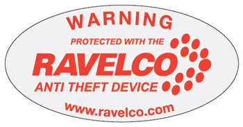 Warning sticker applied to both sides of every ravelco-equipped vehicle tells car thieves not to waste their time.